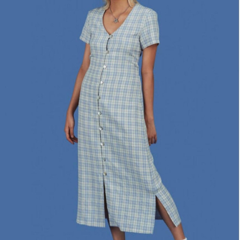 UNIF Blue Plaid Button-Front Maxi Dress